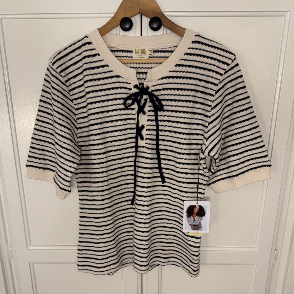 Nation LTD REEVE LACE UP TEE - FREEHAND STRIPE - Picture 8 of 11